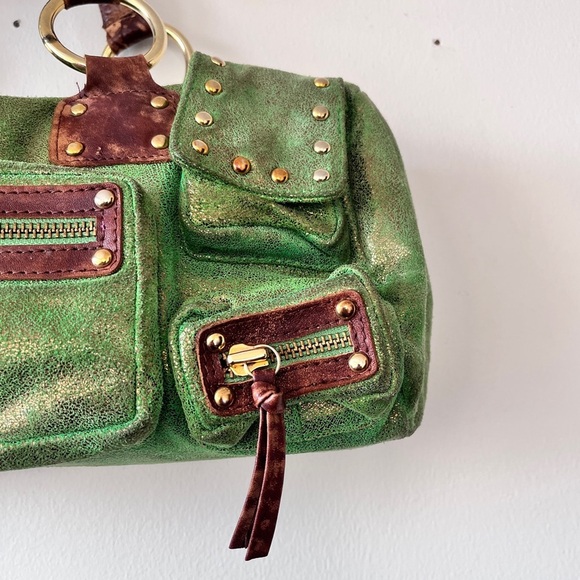 Vintage Y2K Betsey Johnson Metallic Green Leather Studded Cargo Bag - Picture 3 of 16
